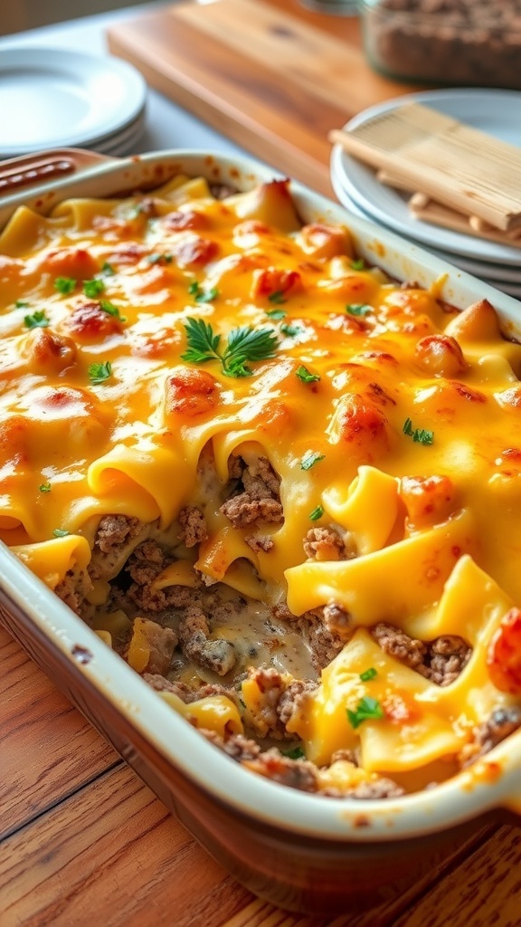 Beef and Egg Noodle Casserole Recipe A delicious beef and egg noodle casserole with melted cheese, served in a rustic dish, garnished with parsley.